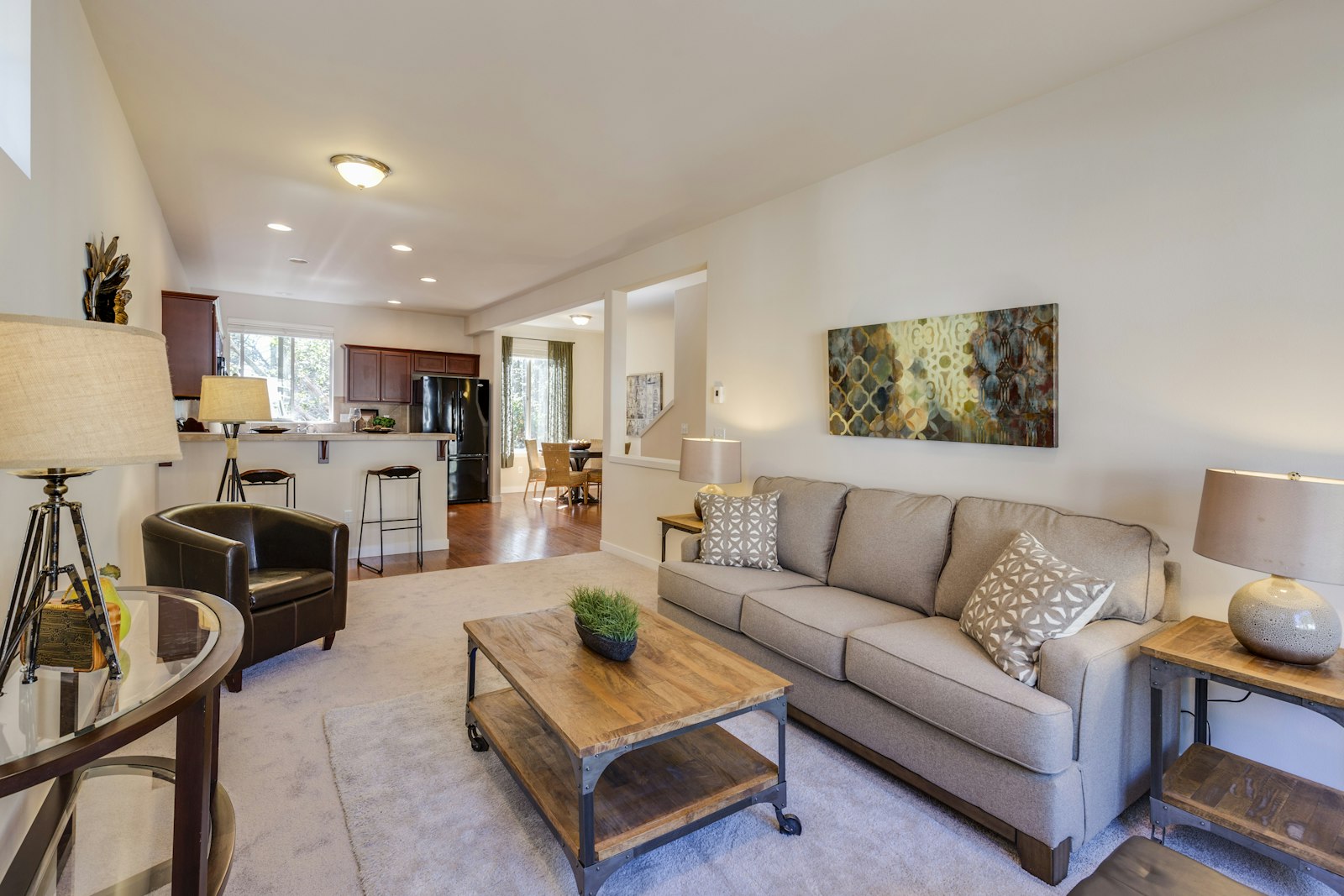 Freshly updated living room and kitchen interior